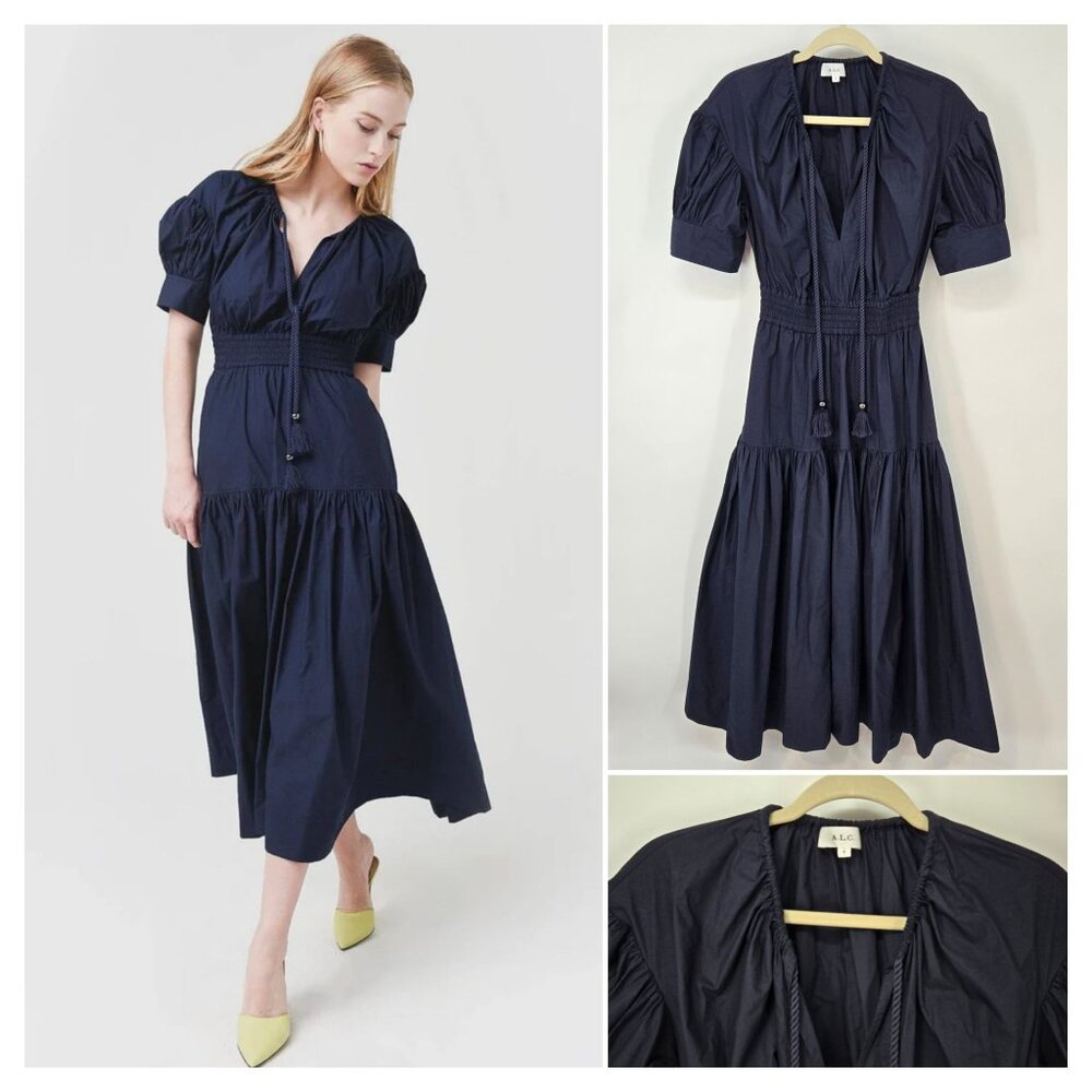 A.L.C. Blue Becca Midi Dress with Puff Sleeves and Flared Skirt Women's Size 8